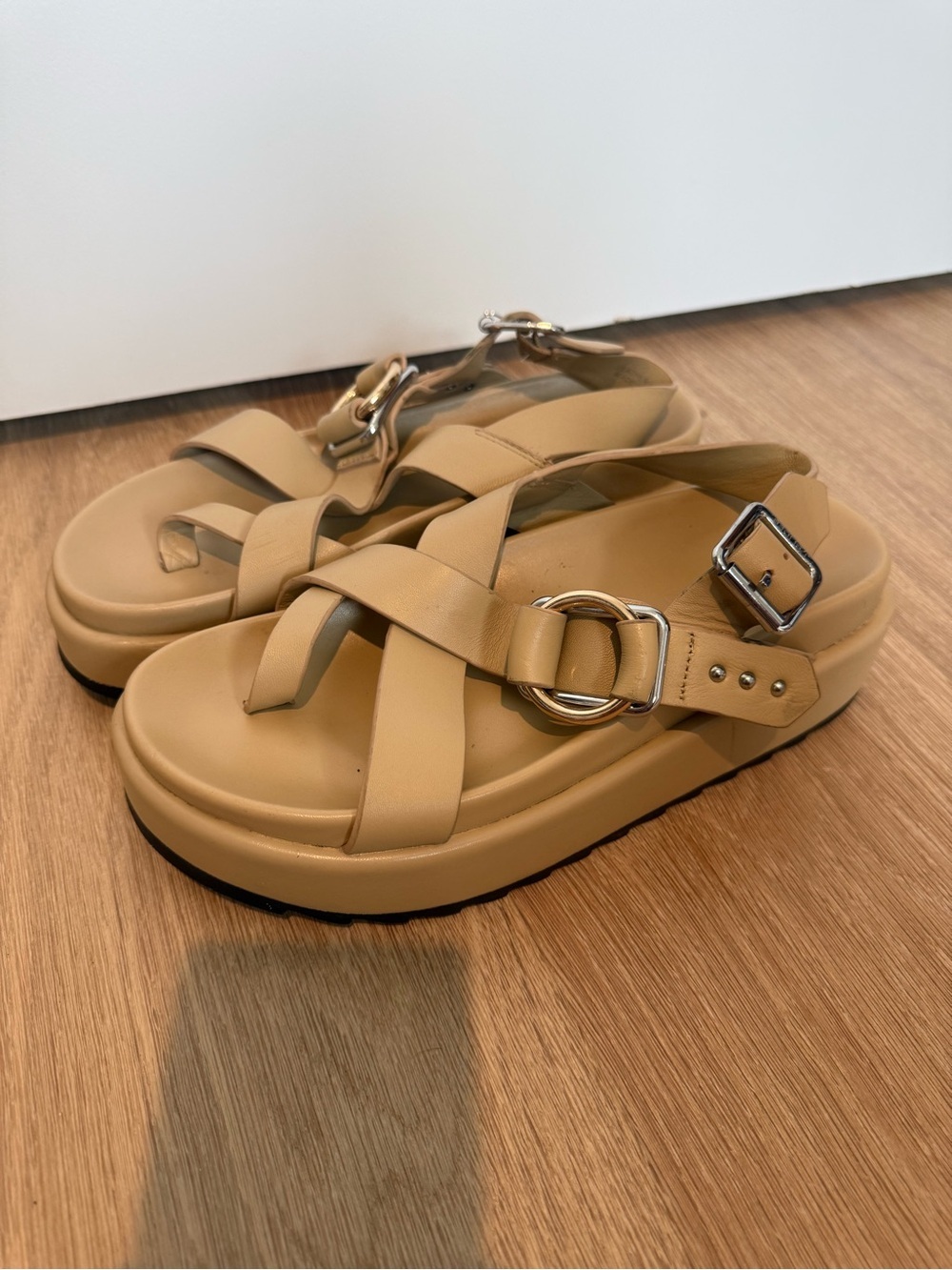 J/Slides NYC Leather Platform Slingback Sandals Beige Size 7.5